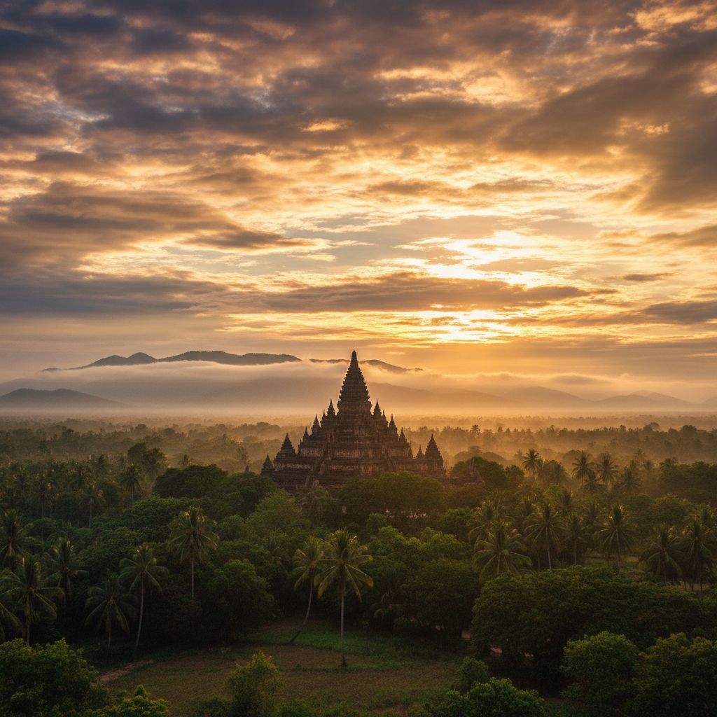 Collective meditation gathering at golden hour in Southeast Asia